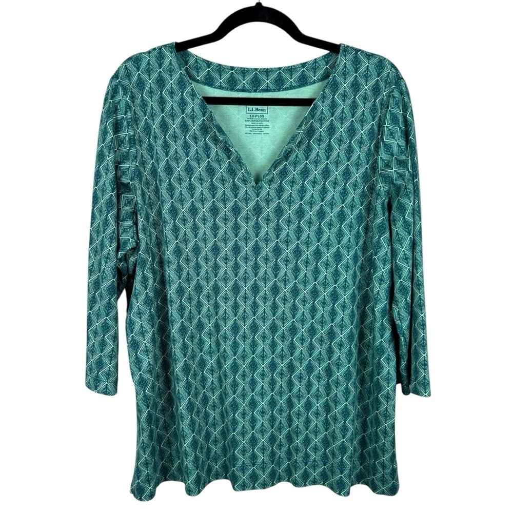 L.L. Bean Casual Athleisure Supima Cotton Geometric 3/4 Sleeve Top 1X Green